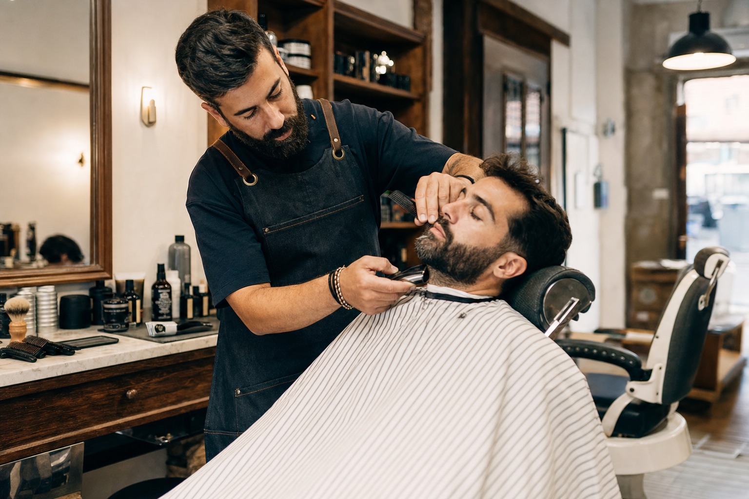 Barbeiro a aparar a barba de um cliente numa barbearia