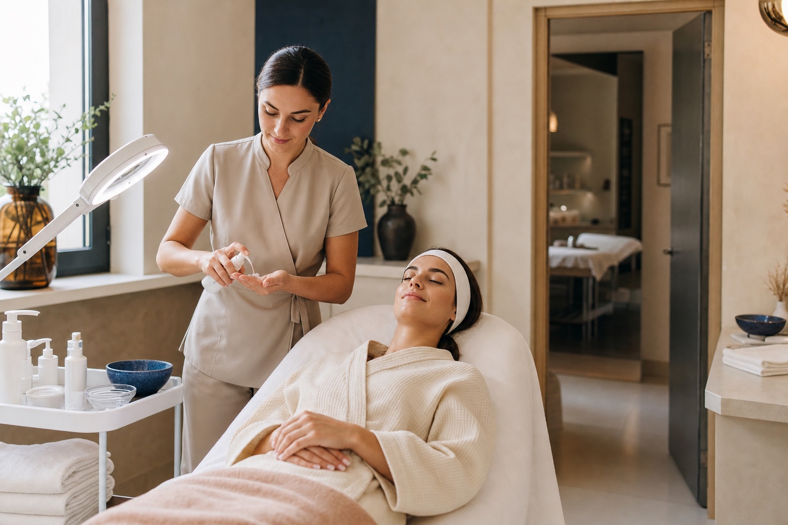 Esteticista a preparar um tratamento facial numa cabine