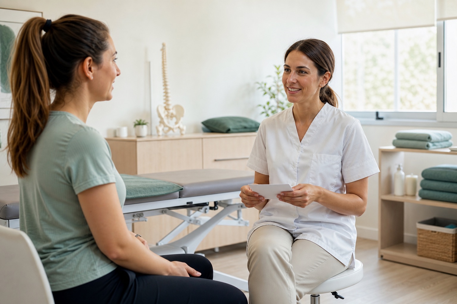 Fisioterapeuta a conversar com uma paciente num gabinete clínico