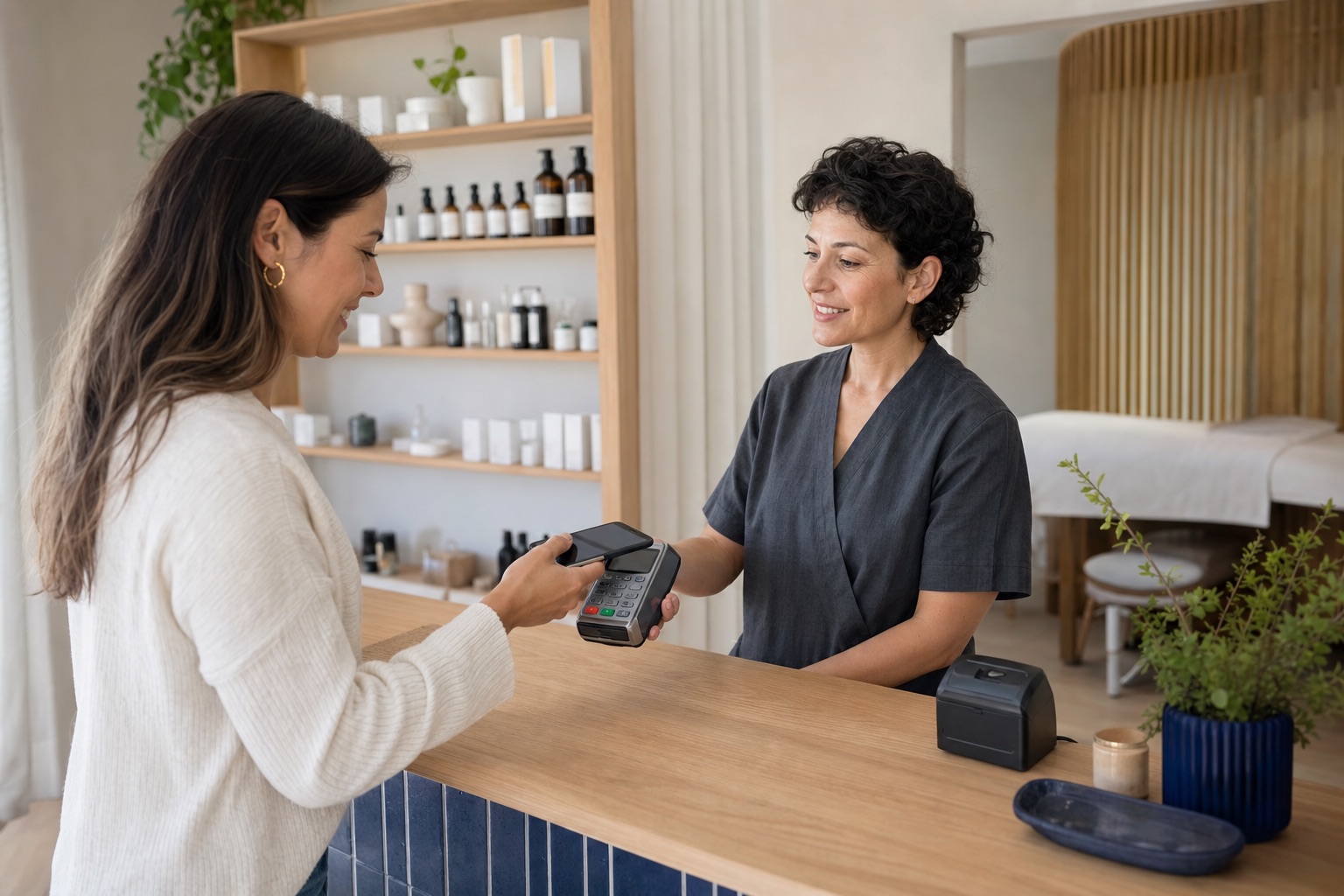 Cliente a fazer um pagamento contactless na receção de um espaço de bem-estar