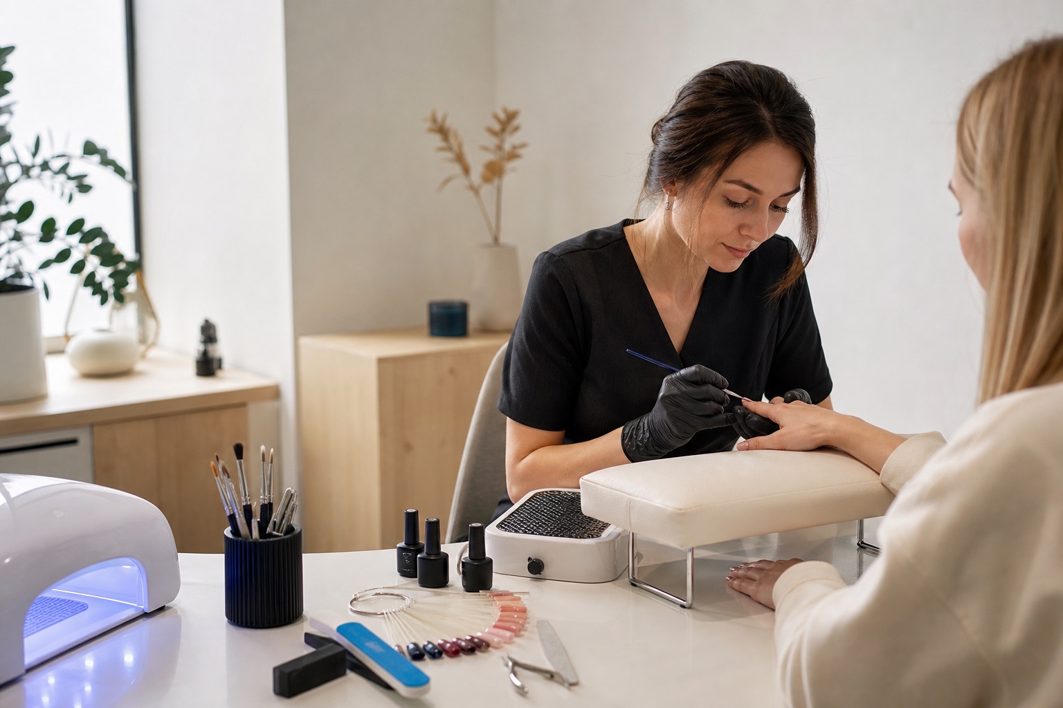 Nail designer a aplicar gel nas unhas de uma cliente, com lâmpada UV e utensílios de manicure na mesa