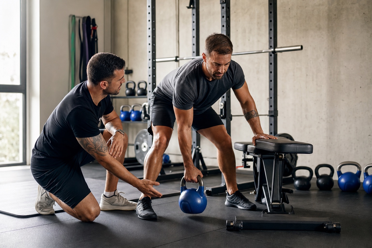 Personal trainer a orientar um cliente durante um exercício com kettlebell